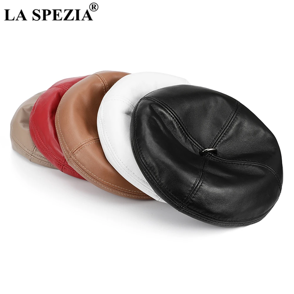 LA SPEZIA Women Beret Hat Vintage Red Womens Hats Genuine Leather Sheepskin Solid Red Blue White Black Autumn Winter Hat