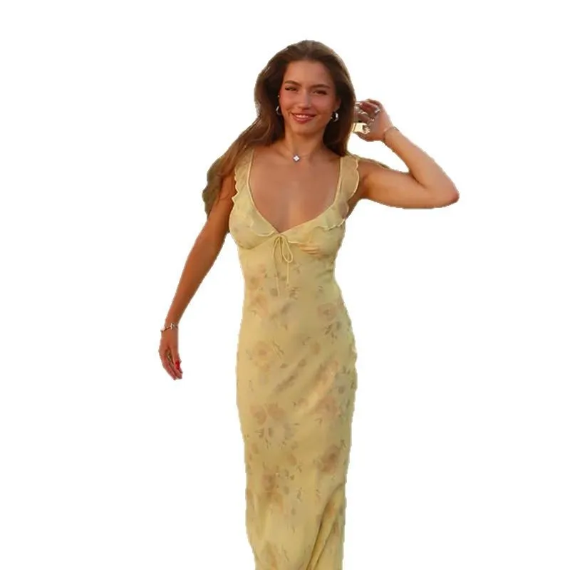 French Temperament Floral Suspender Dress New Style Ruffled Sexy Small Fly Sleeve Long Skirt Women Seaside Vacation Party Dress