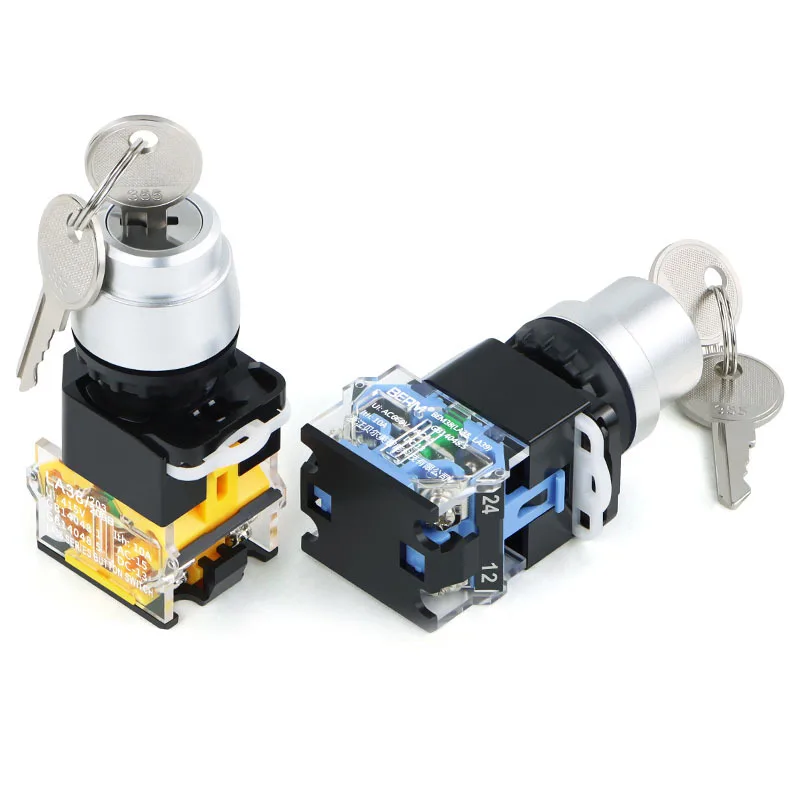 5pcs Knob With Key LA38 2position Self-lock 22MM Self-reset Power Start Rotary Button Switch 1NO 1NC 2NO 10A 3position