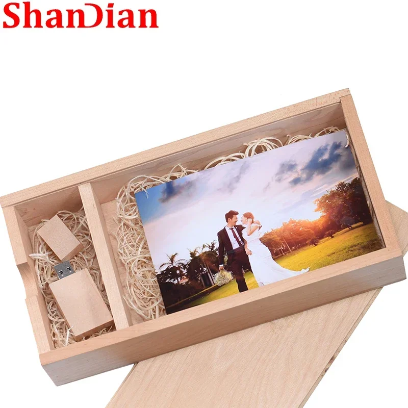 SHANGDIAN Wedding Photo Frame USB Flash Drives Natural Wood 128GB Free Custom Logo Pen Drive Pendant  Memory Stick Wedding Gift