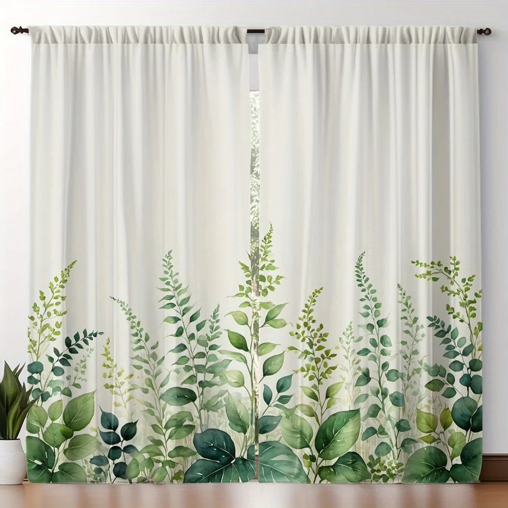 2PCS Digital Printed Curtains, Bottom Green Leaves Tropical Botanical Border, Window Drapes for Living Room Bedroom Home Decor