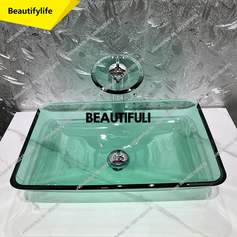 

a13 Simple household tempered glass countertop basin, transparent artistic washbasin, homestay light green square washbasin