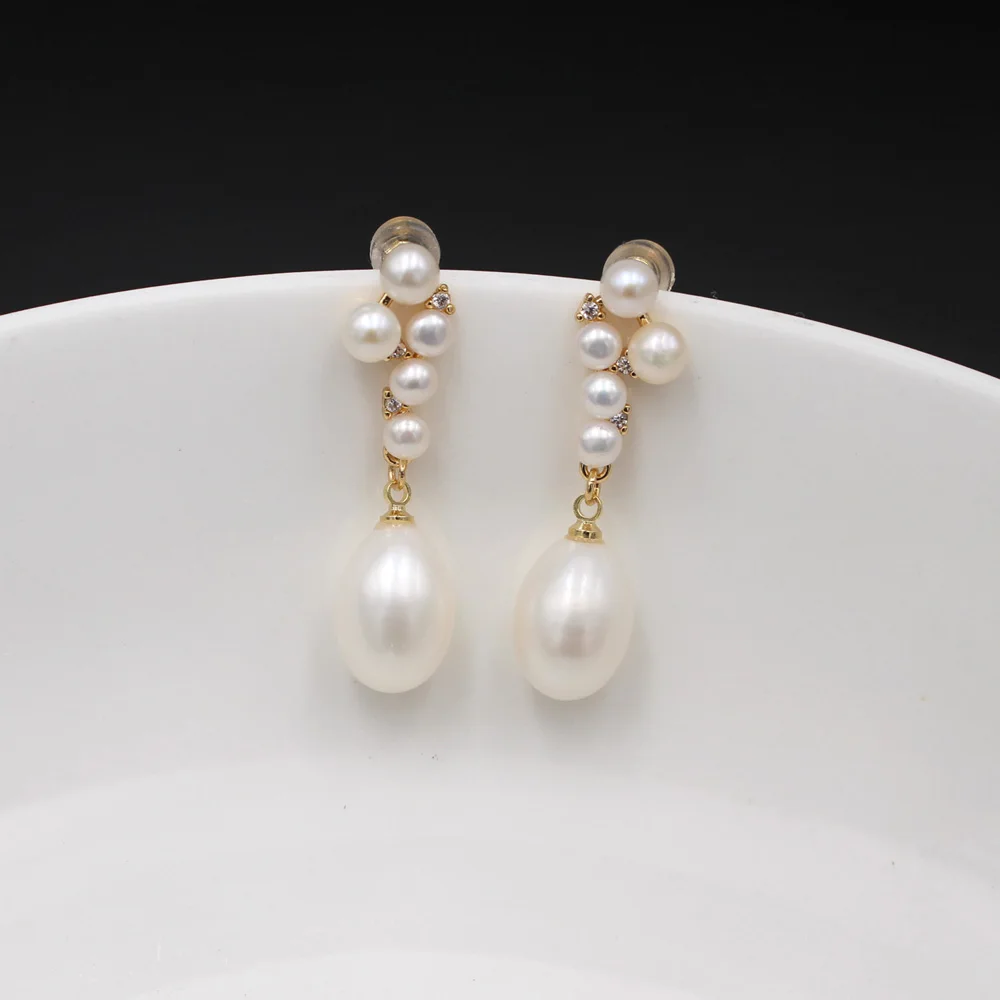 

1pair CZ Zirconia Natural Freshwater White Pearls Drop Earrings Post S925 Silver Pins