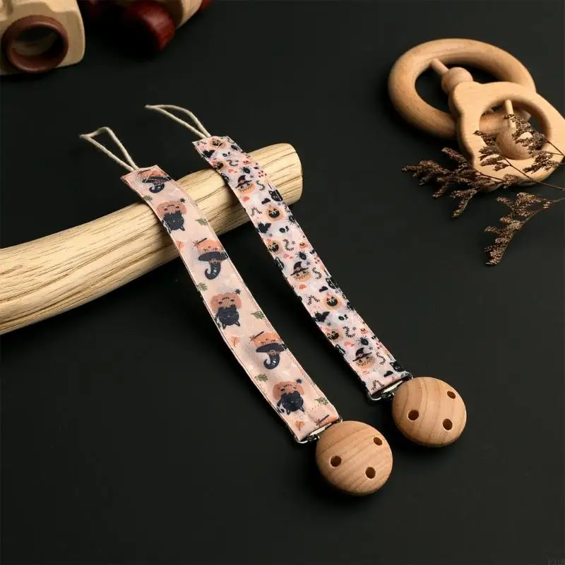 Halloween Baby Pacifier Holder Clip Secure Nipple Chain for Teether Toy and Soother Wooden Beaded Design Cotton Teether P31B