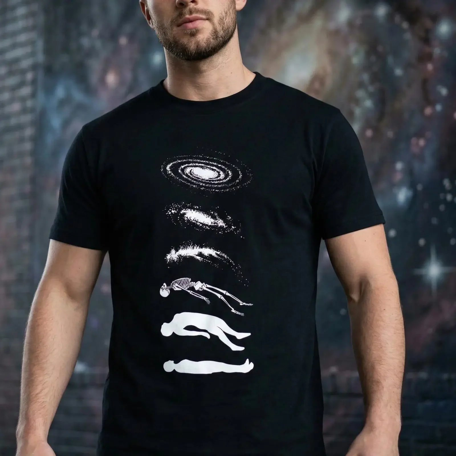 T-shirt Celestial Evolution Galaxy Skeletal 100% Coton, Art spatial vintage, effet délavé, vêtements de créateur pour homme, coupe extensible et tendance