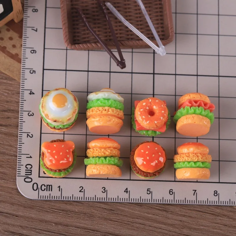 10 Pcs Simulation Miniature Food Toy Egg Beef Burger Resin DIY Keychain Pendant Handmade Material Car