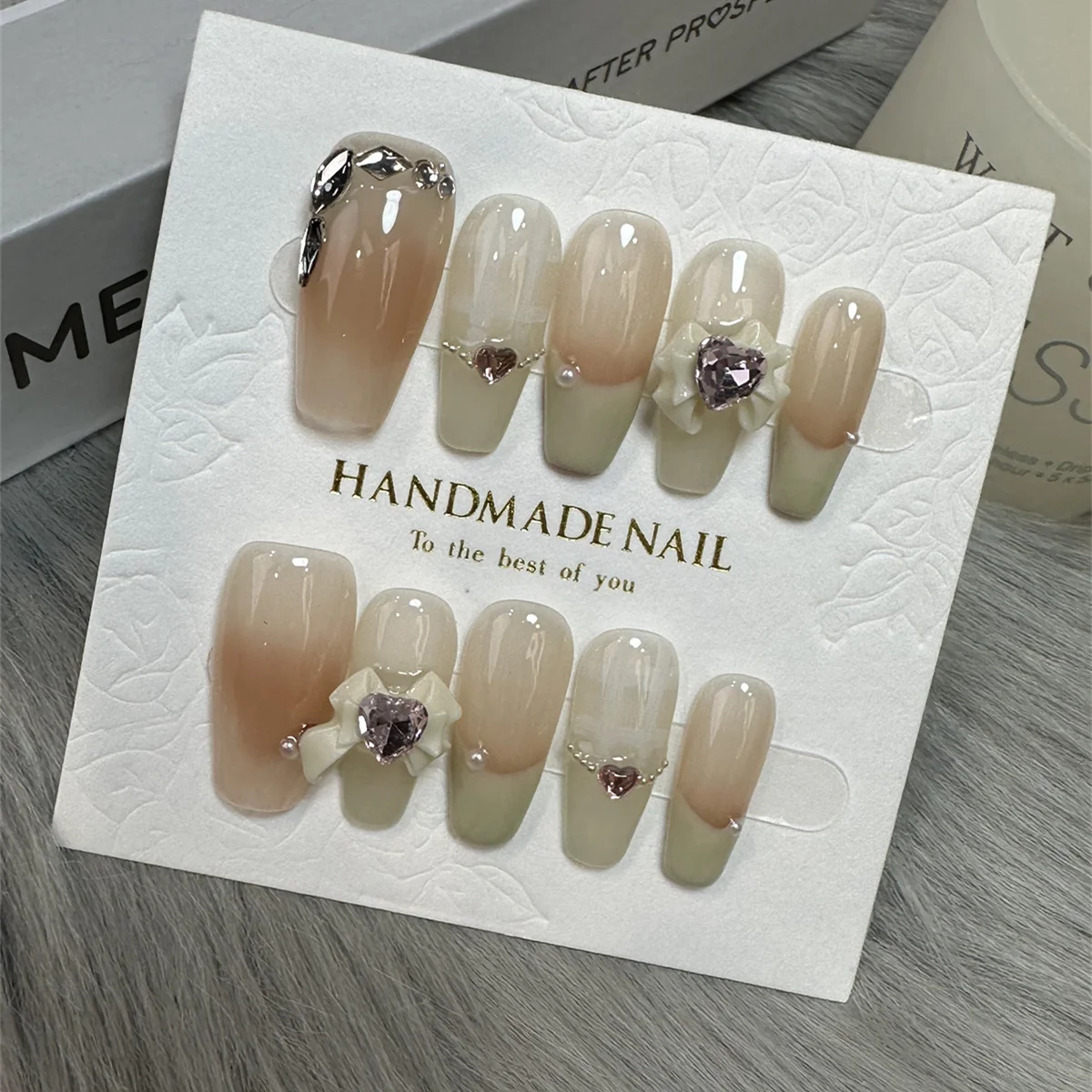 

10Pcs Handmade Press on Nails Long Ballet Fake Nails with 3D Rhinestone Design False Nails Full Cover Nail Tips for Daily,Summer