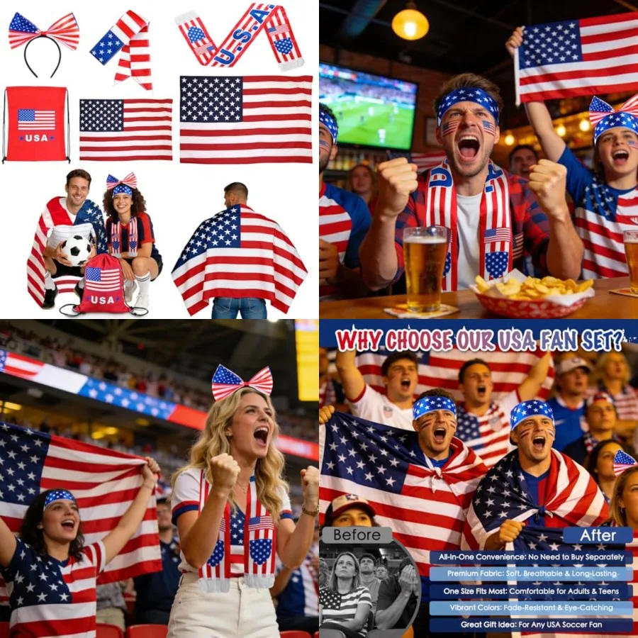 

2026 Soccer Fan Cheer Kit, Flag Cape Scarf Headband Drawstring Bag, Sports Game Day Party Supplies for Match Support