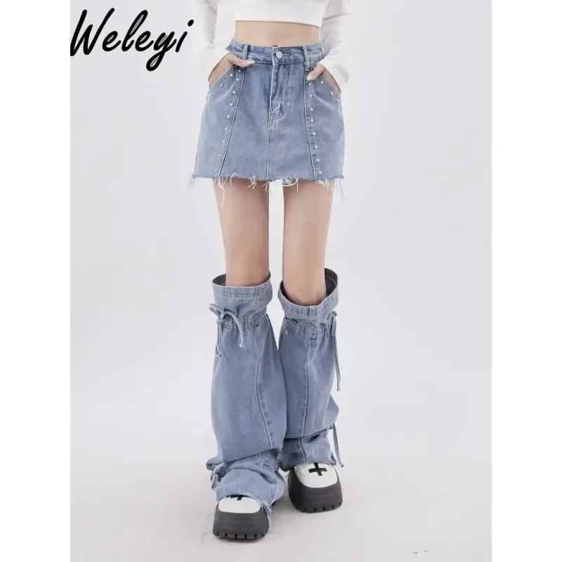 

Y2k Japanese Style Girl Black Denim Leg Cover 2024 Spring New Harajuku Woman Gtring Cross Feel Boot Cover Horn Sock Cover Trendy