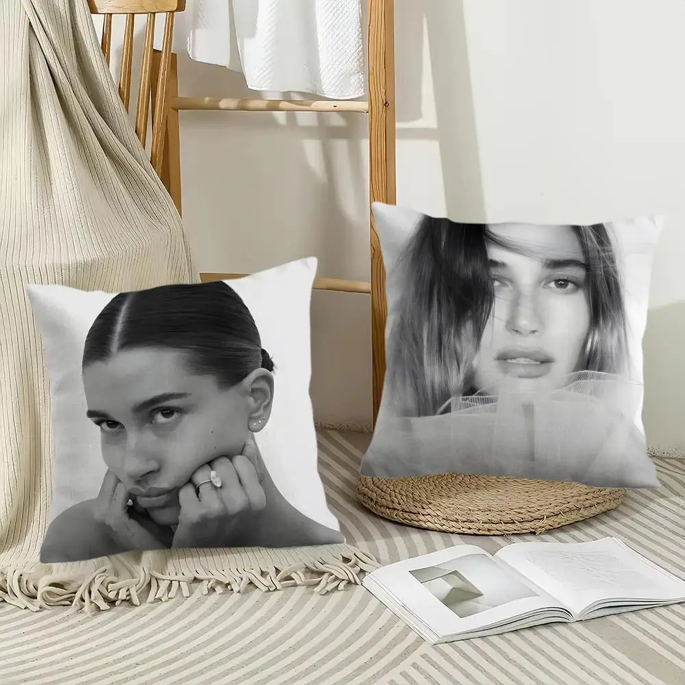 American model H-Hailey Bieber Cushion Cover Pillow Case Short Plush Square Throw Pillow Covers Pillowcase Sofa Home Decor Gift