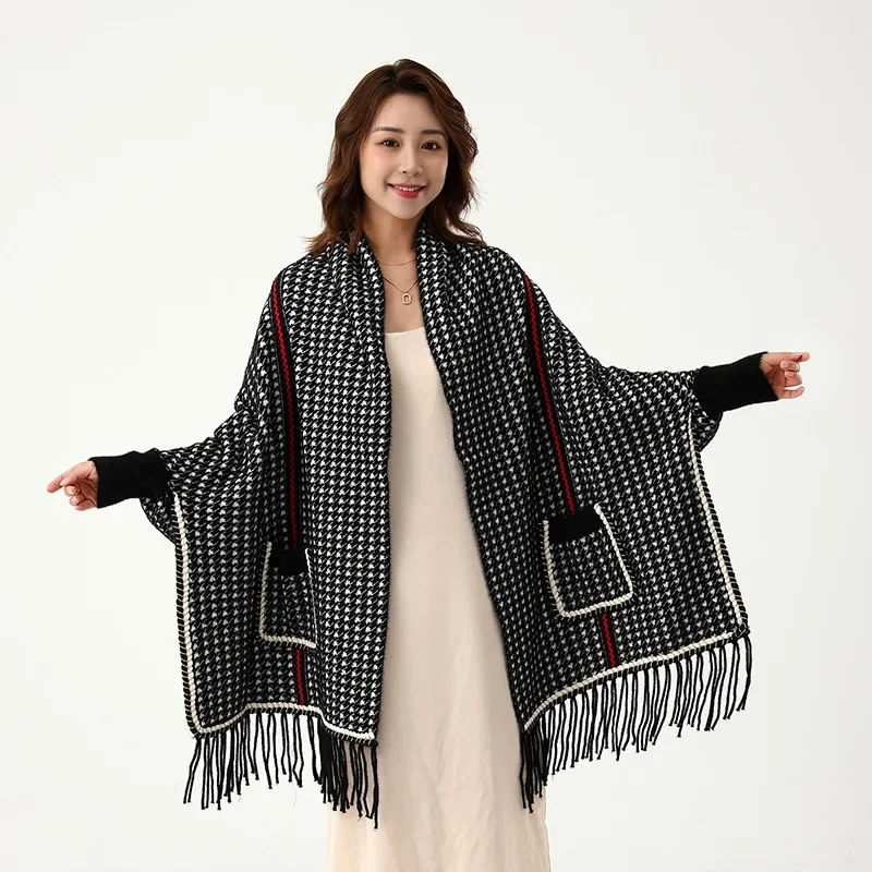 

Imitation Mink Velvet Houndstooth Knitted Cloaks Women Warm Thick Big Pocket Capes Autumn Winter Plaid Coats Chic Travel Shawl