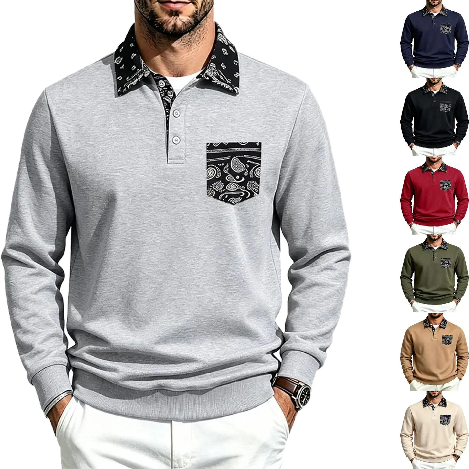 Autumn and winter heavy fleece casual trend men's west coast contrasting buttons lapel pocket POLO sweater