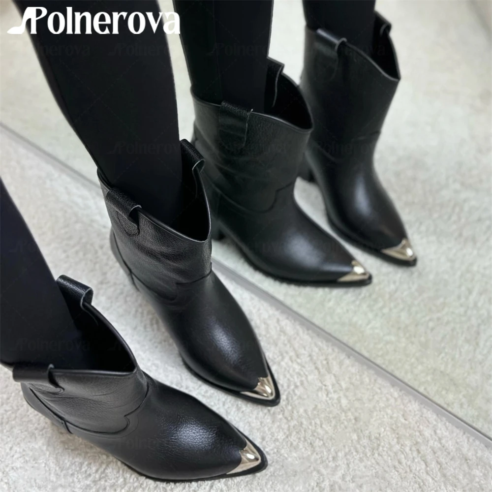 Western Cutie Cowboy Booties Silver Metal Toe Black Leather Ankle Boots Block Heel Booties for Women Custom Color Handmade Boots