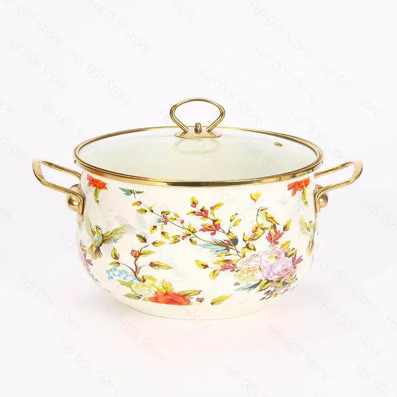 Enamel Soup Pot Retro Flower Bird Binaural Large Capacity Stew Pot with Lid Home Enamel Utensils for Kitchen Delicate Cookware