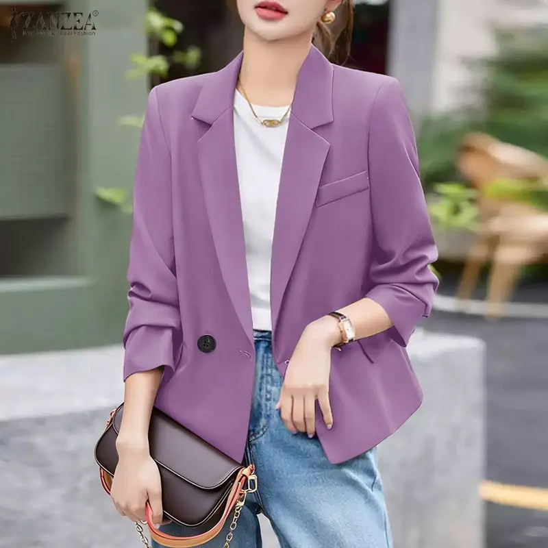 ZANZEA Minimalist Women's Lightweight Blazer 2026 Spring Casual Lapel Neck Long Sleeve Solid Color Formal Suit Jackets for Woman