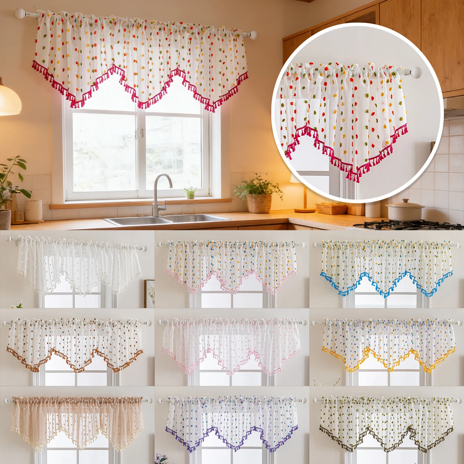 

American-style Sheer Tulle Short CurtainTriangle Shape Kitchen Short Curtain Window Valance Drape for Coffee Bedroom Home Decor