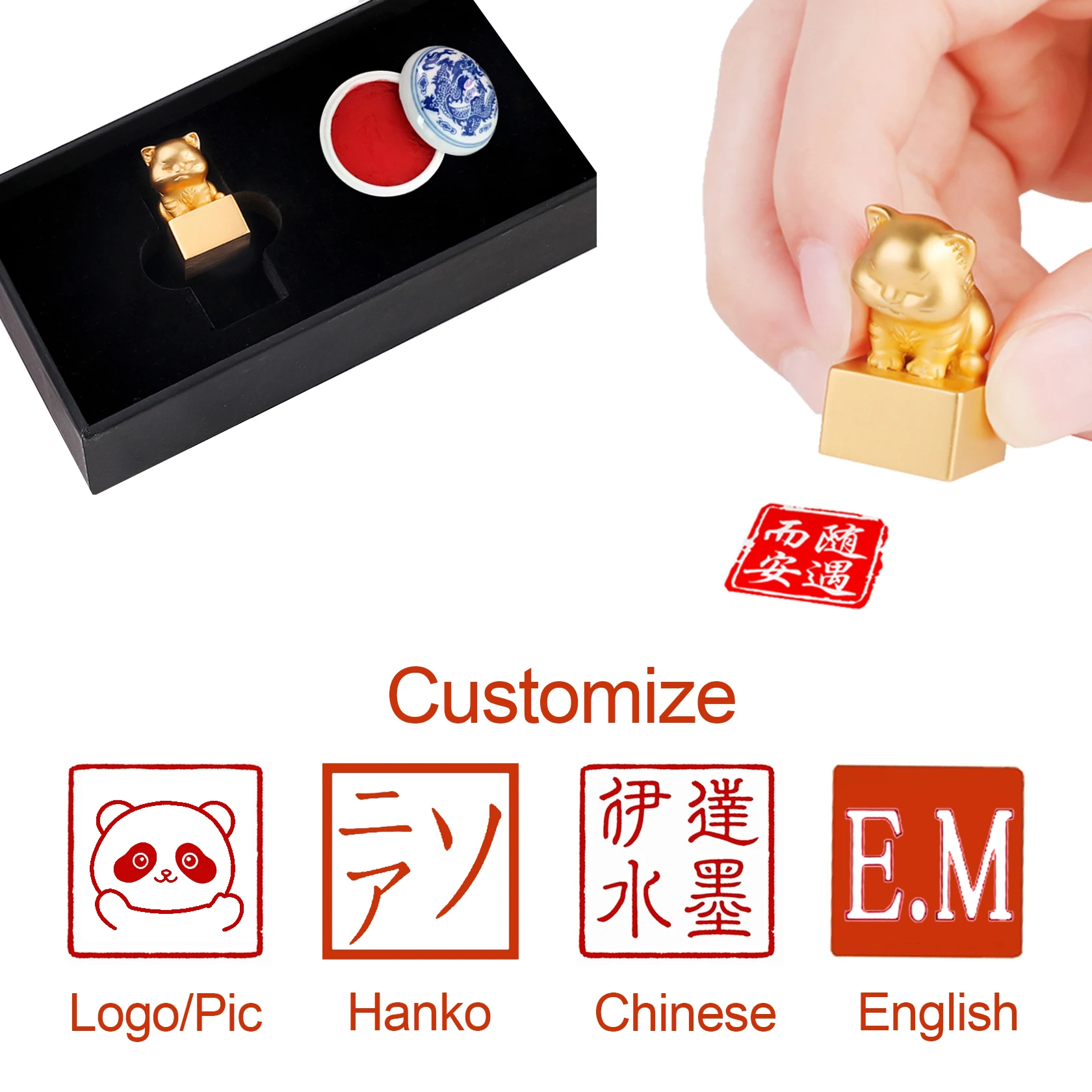 

Custom Name Stamps With Inkpad For Calligraphy Cute Cat Carved Metal Square Stamp Chinese English Korean Hanko Stamp Gift
