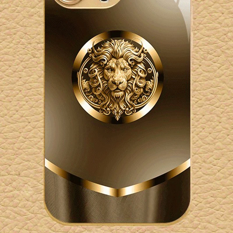 Simple Golden Lion Pattern Gold Metallic Paint Glass Phone Case For iPhone 17 16 15 14 13 12 11 Pro Max 14 Plus 17 Air 16E Cover
