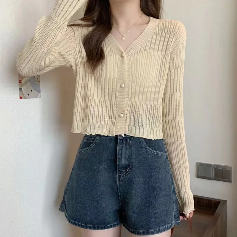 V-neck Knitted Cardigan Women\'s Autumn and Winter New Women\'s Short Long-sleeved Small Coat Solid Color Slim Top for Women