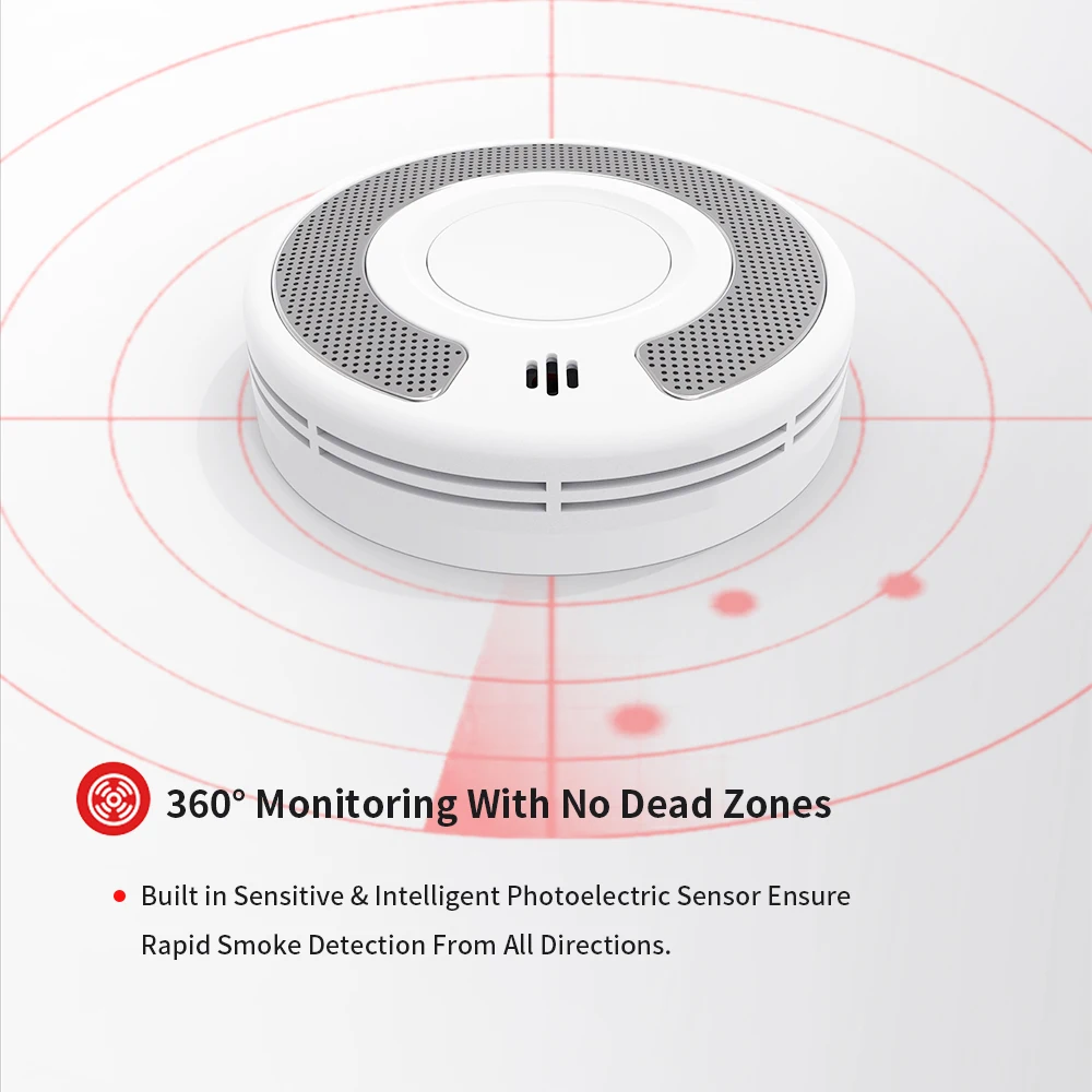 Alarmes de fumaça para casa Detector de fumaça fotoelétrico Alarme de incêndio com indicador LED Botão de silêncio 10 anos