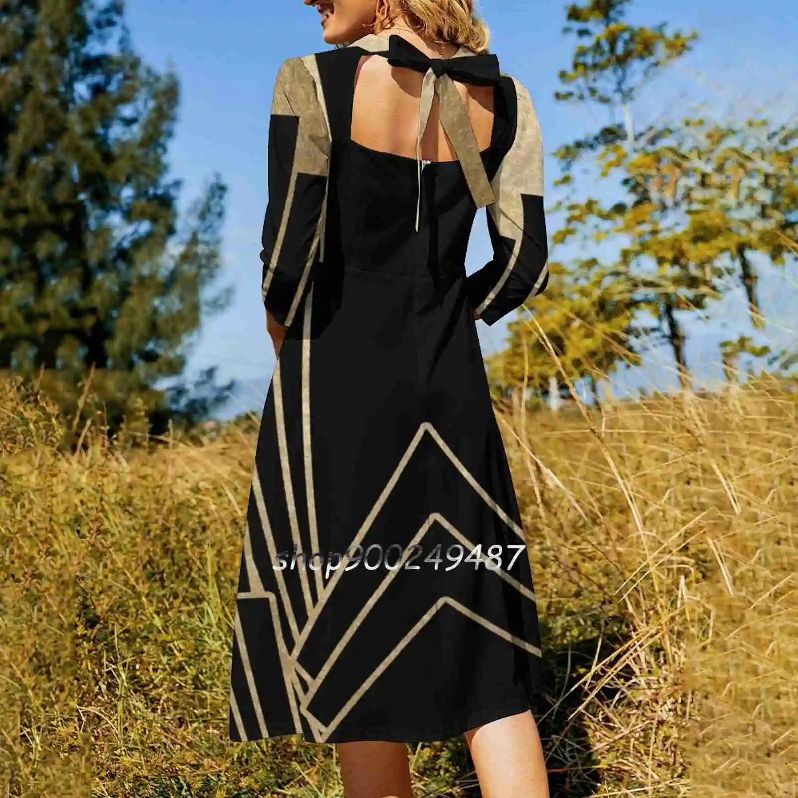 Art Deco Design Square Neck Dress Sweet Summer Dress Women Elegant Halter Print Dress Gold Golden Faux Foil Art Black A Little