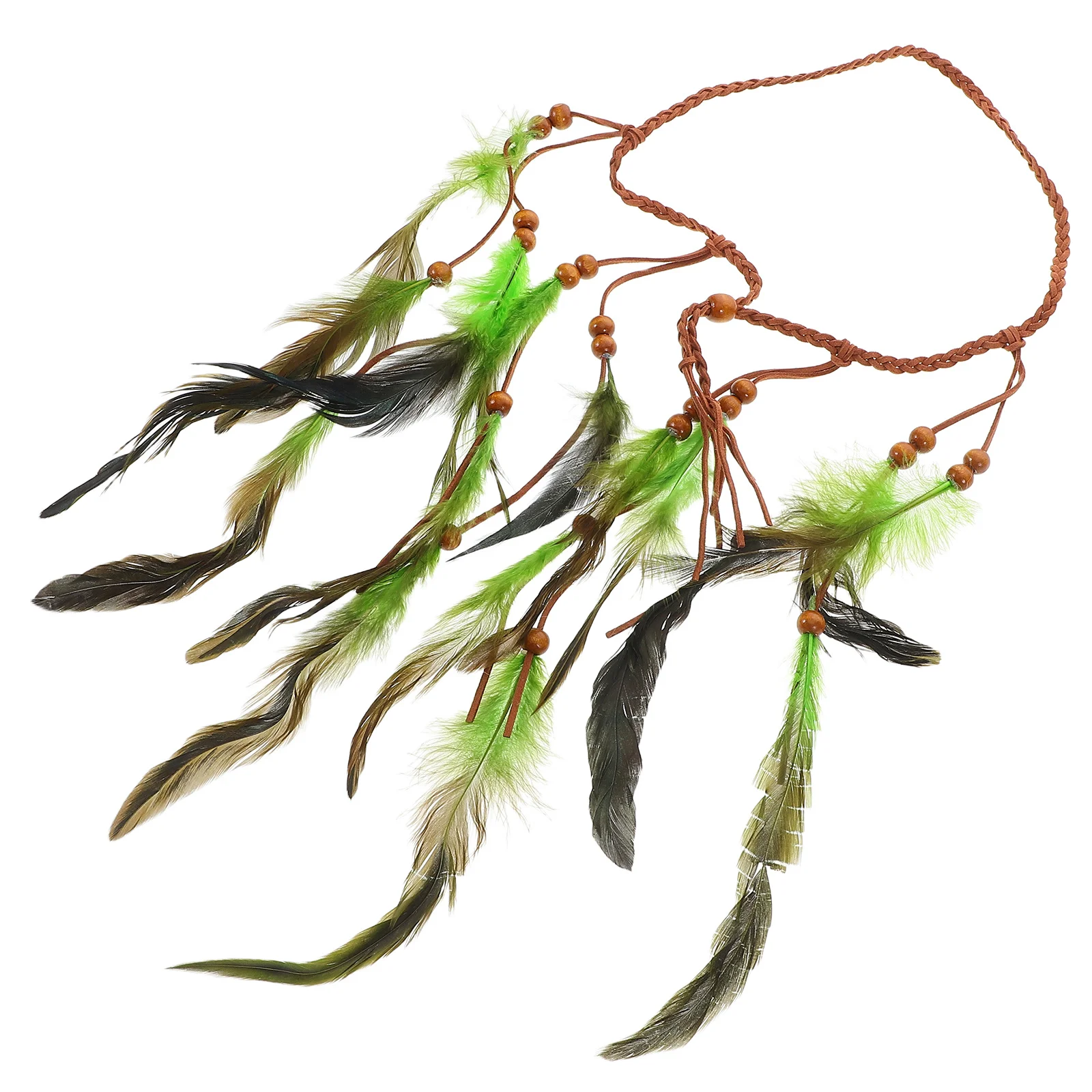 

Boho Ethnic Headband Wooden Beads Plume Tassel Braided Rope Tribal Hair Band Festival Outfit Costume Hair Accessories