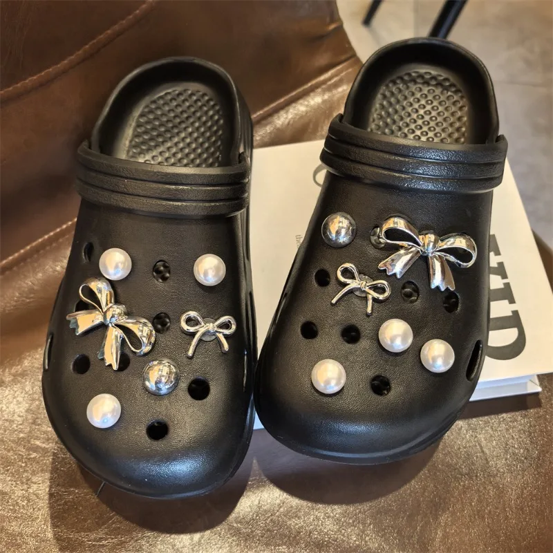 Cave Shoes Shoe Flower Silver High-end Feeling Spicy Girl Y2K Bow High-end Slippers Decorative Buckle Detachable