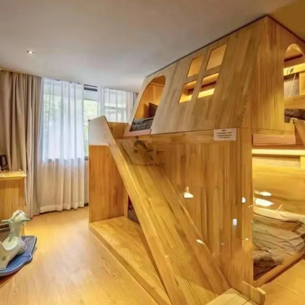 American Solid Wood Kids Tree House Bunk Bed Princess Castle Loft Bed with Slide & Ladder Secret Base Design for Bedroom