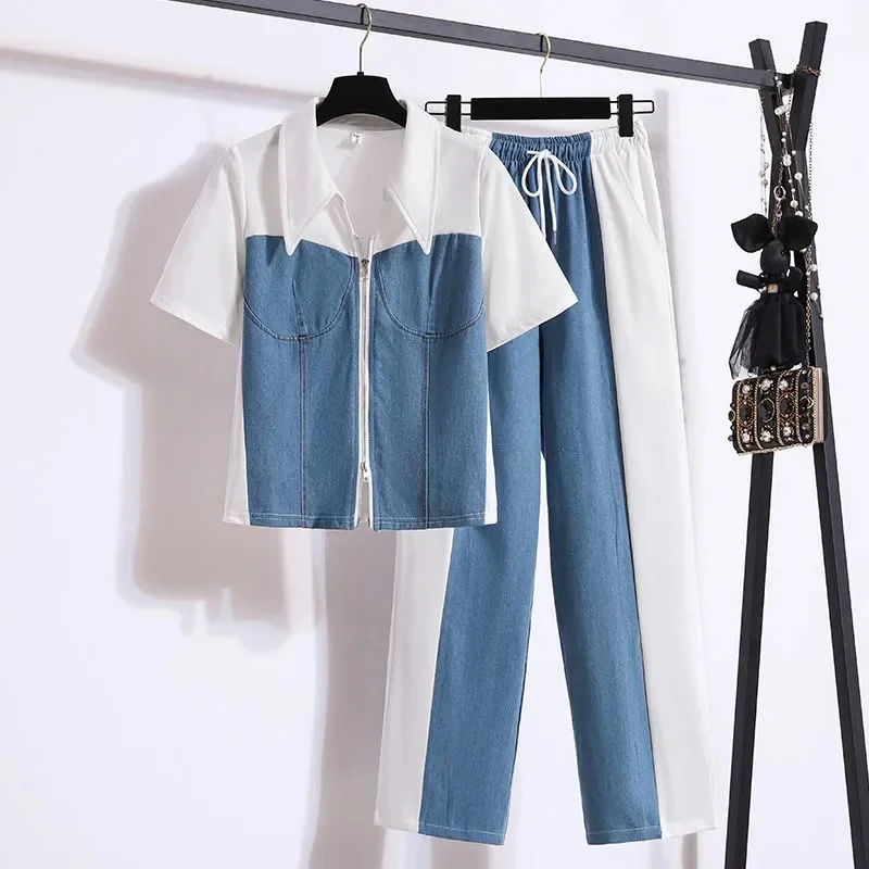 Oversized 4XL Two-piece Patchwork Denim Set For women\'s 2024 Summer New Polo collar Zipper Top+Wide leg pants Female Casual Sets