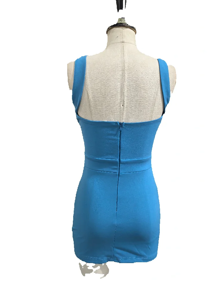 Sexy Leuchtend Blaues Geripptes Ärmelloses Bodycon Minikleid Damen Schickes Vorderes Schlüsselloch-Ausschnitt Rundhals Figurbetontes Club-Party-Kurzkleid – Detail 10