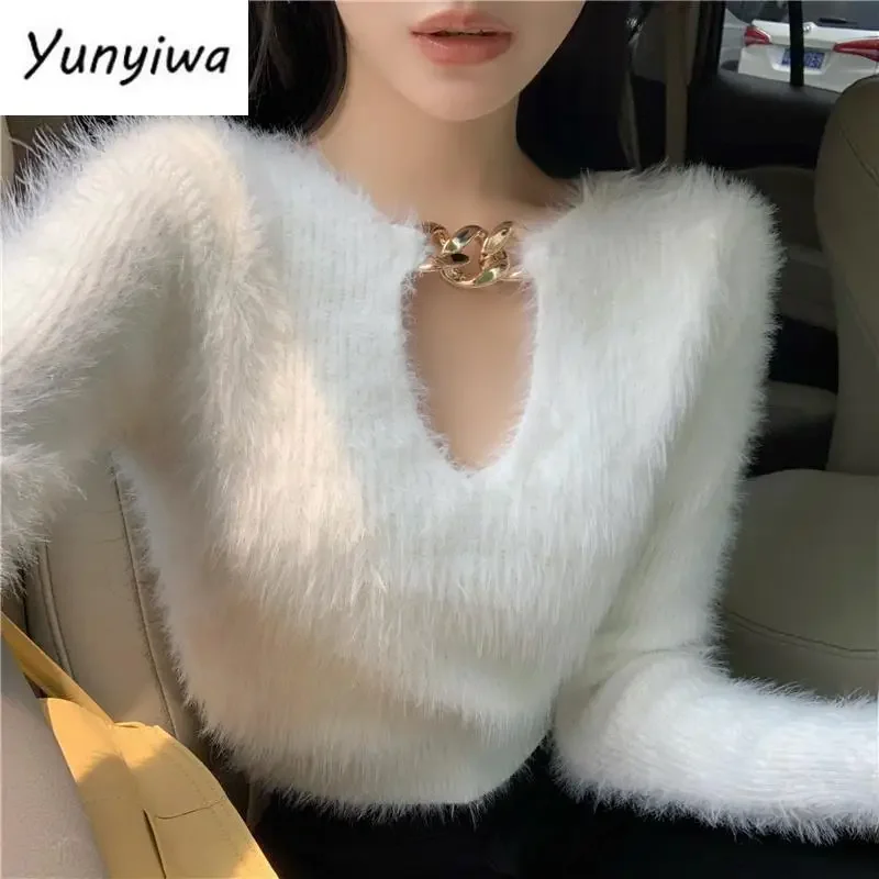 Korean Knit Pullovers Sweater Woman Fashion Chain Mohair Sweaters Women Cropped Tops Y2K Pull White Black Clothes