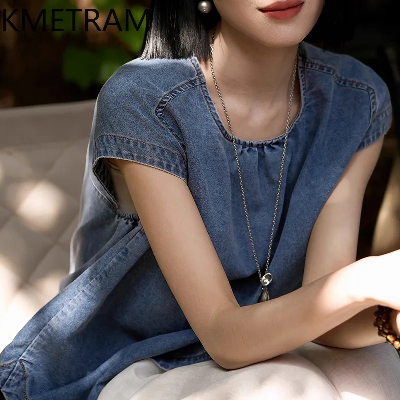 KMETRAM 68.1% Cotton Tanks Top Women Vintage Blue Denim Sleeveless Summer Tops Loose Casual Tops for Woman Clothes 2026 корсет