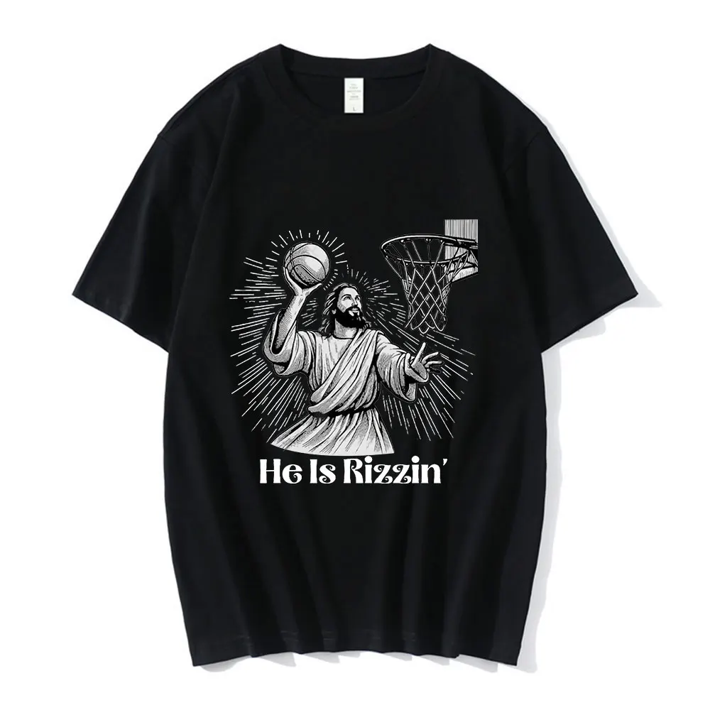 Funny Baskerball Jesus Meme T Shirt He Is Rizzin Christian Easter T-shirts Men 100% Cotton Casual Oversized Tee Shirt Streetwear