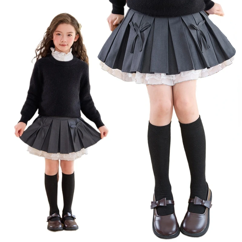 

Fashion Teenager Girl Skirt Pleated Lace Bow JK Skirt Shorts School Uniform Girl Clothes Plus Size Elegant Kid Clothing Children