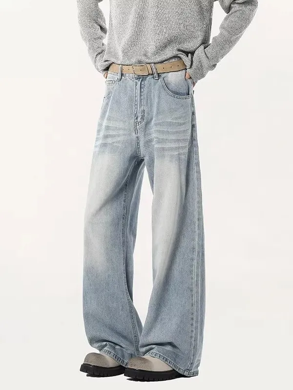 

Chic Light Blue Men's Straight Leg Jeans Streetwear Loose Wide Leg Trousers Spring Autumn Wear Comfortable Classic Sle