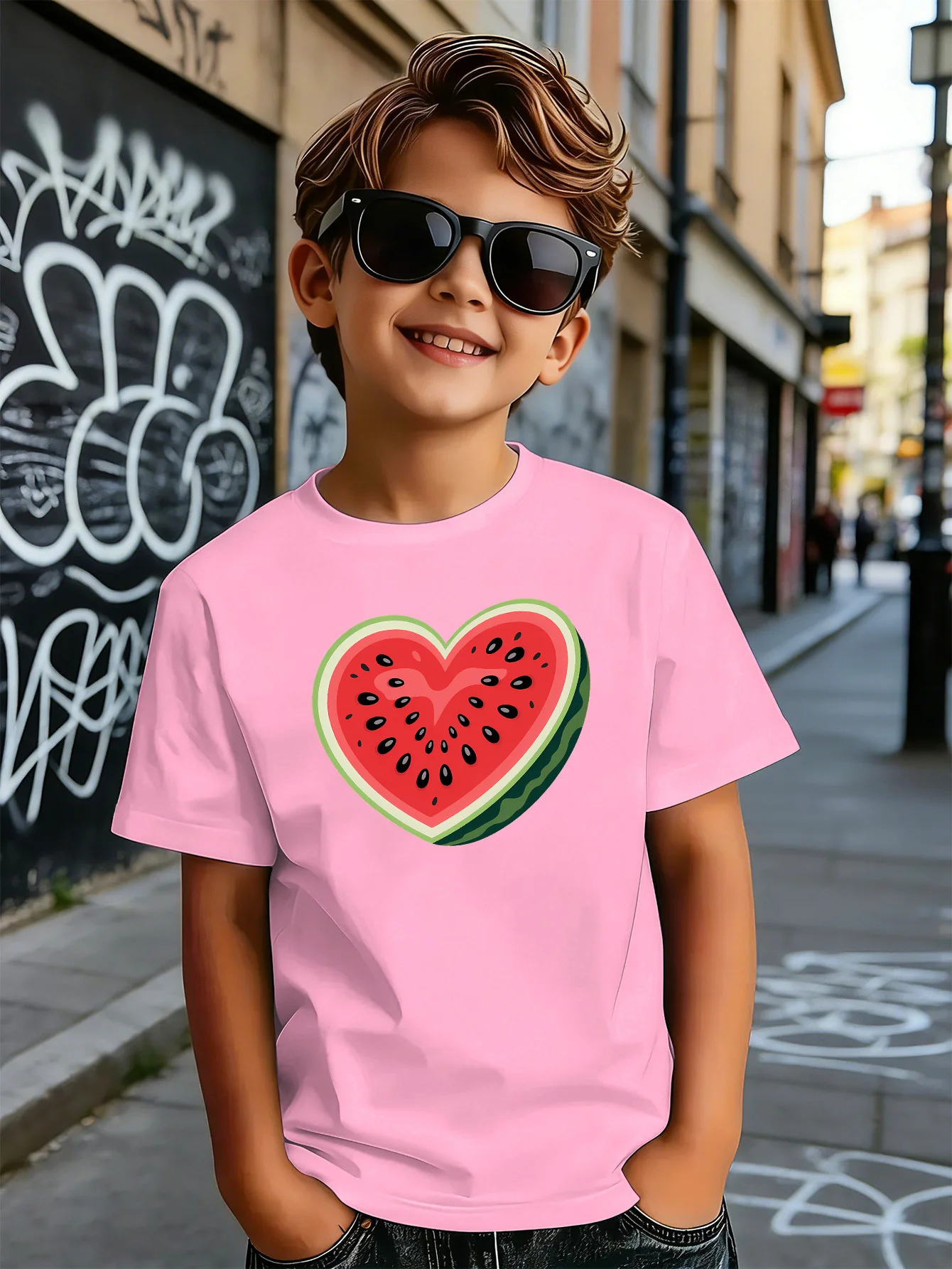Lovely Heart Watermelon Summer Fruit Print Boys Girls Family Matching Cotton Short Sleeve Crew Neck Soft Summer Kids Casual Tees
