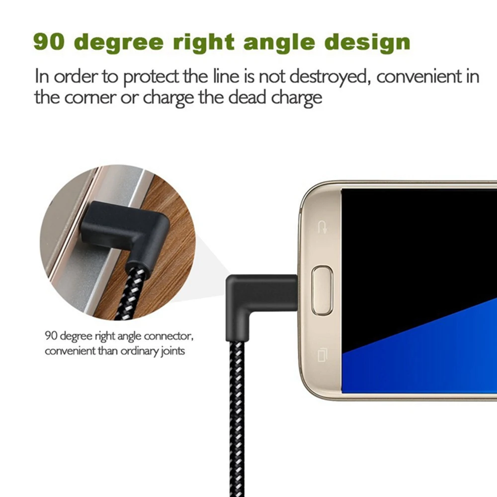 USB 2.0 to Type-C Micro USB Cable 90-degree Connector Type-C Fast charge data cable for all Type-C Nylon Cables.
