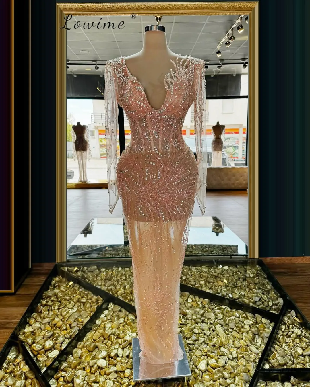 

Elegant V Neck Pink Evening Dress Sparkle Beaded Crystal Prom Gowns Wedding Party Prom Dress Customized