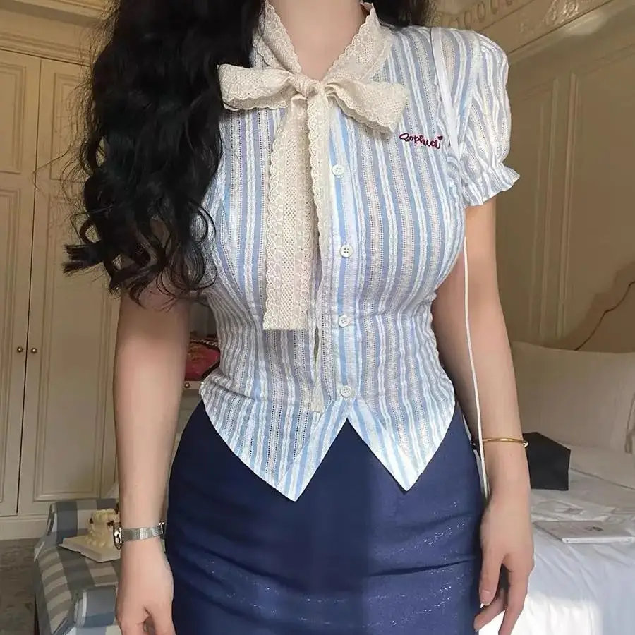 

Set Spicy Girl Striped Shirt Bow Tie Up Short Top Wrap Hip Short Skirt Women Summer Academy Style Waist Slimming JK Uniform Set