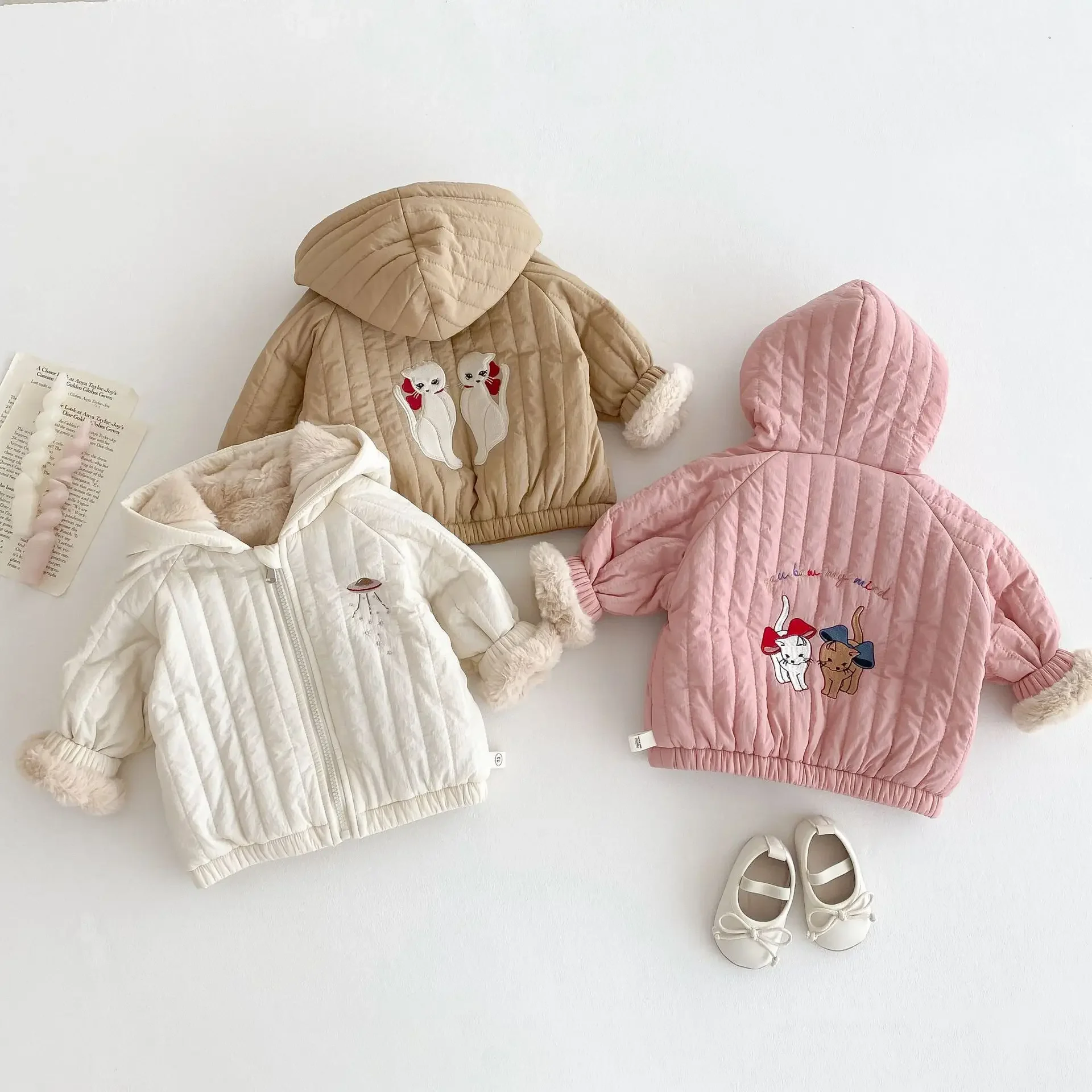 2024 Winter New in Kids Baby Girls Boys Thicken Plush Warm Top Outwear, Children Hooded Cartoon Zipper Jacket 0-5Y