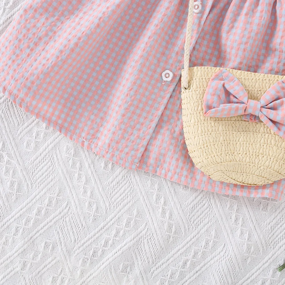 Summer Girls Dress With Heart-Shaped Checkered Print Girls Dress With Bow And Crossbody Bag Dress (0-3 Years Old)