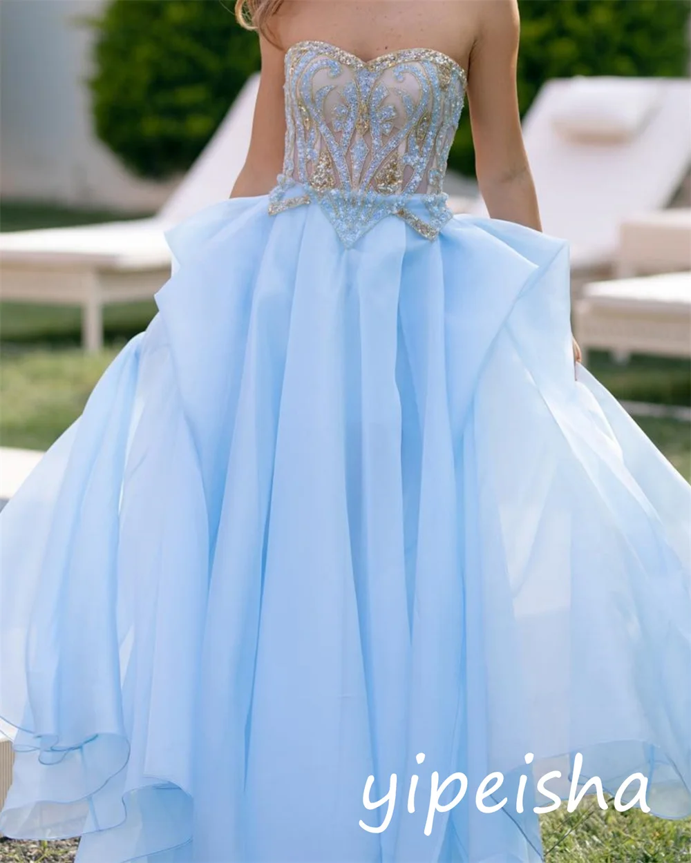 Customized Formal Casual Organza Sequined Pleat A-line Strapless Long Dresses Bespoke Occasion Sparkle