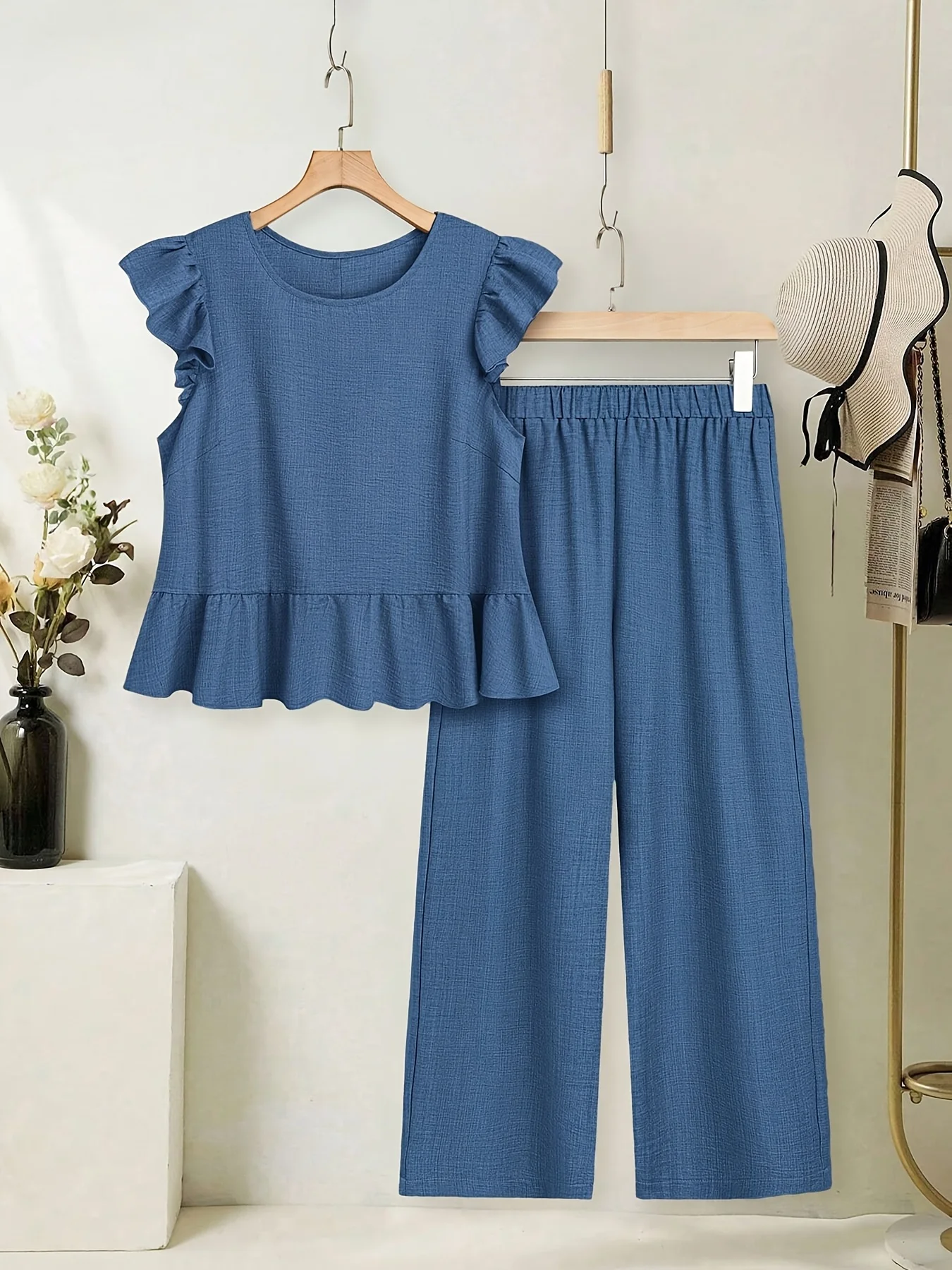 Women's Elegant 2-Piece Casual Outfit:Round-Neck Top with Flutter Sleeves and Ruffled Hem,Paired with Long, Loose Wide-Leg Pants