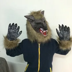 2023 Cosplay silicone Wolf Head Hair Mask Gloves, Unisex Novelty Animal Full Mask Halloween Role Play Fancy Dress Party Costume
