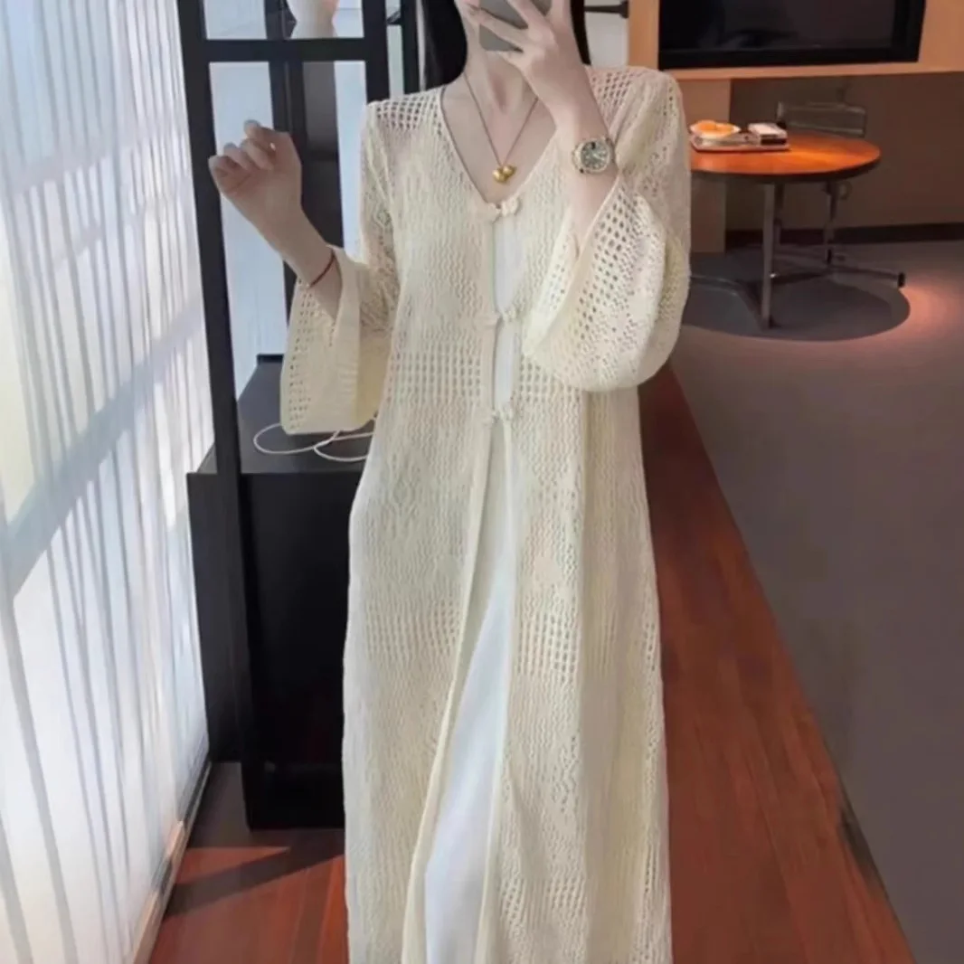 

Women Long Cardigan Sweaters Solid Knitted Jumpers Hollow Out V Neck Long Sleeves Thin Loose Elegant Casual 2026 Spring Summer