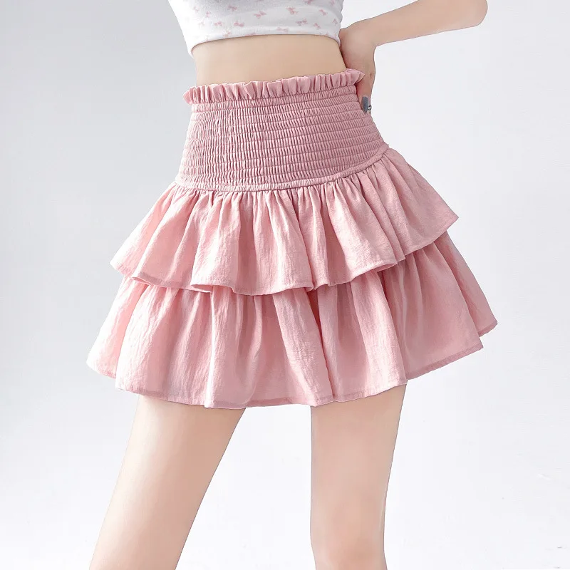 Saia linha A plissada para mulheres, monocromática, minissaia fina, elástico na cintura, babados, streetwear doce, senhoras, verão, 2022