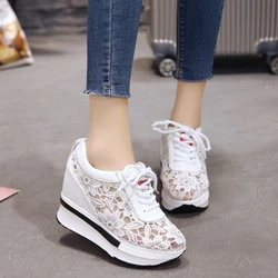 Bayan kama topuk blok topuk sandalet örgü yüzey kadın ayakkabı kalın taban Sneakers nefes alan günlük ayakkabılar Lace Up Tenis De Mujer