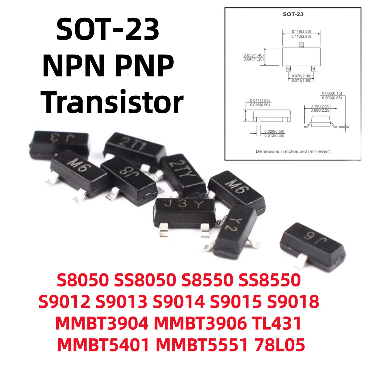 SOT-23 SS8050/8550 S8050/8550/9012/9013/9014/9015/9018 MMBT3906/3904/5401/5551 2N3904/3906/5401/5551  TL431 78L05 TO-92 NPN PNP