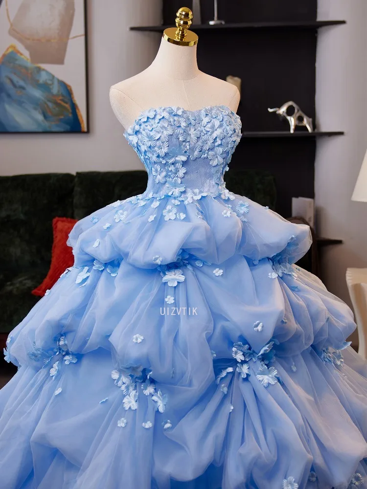 Blue Luxury Wedding Dresses Photos Shoot Ball Gown Women Strapless Applique Party Birthday Dress Elegant Special Occasion Dress