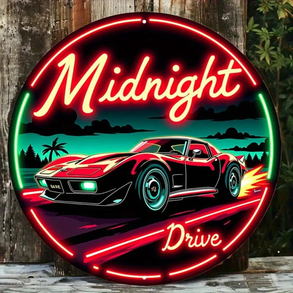 Letrero de coche de neón vintage Midnight Drive – Letrero de metal artístico LED retro para automóvil con luces rojas y verdes, decoración de pared de metal redonda